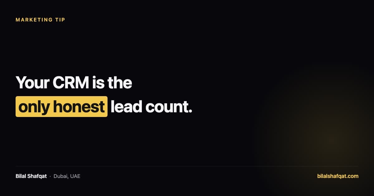 Quote card reading: your CRM is the only honest lead count, on marketing metrics to track