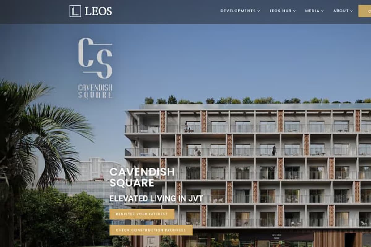 Cavendish Square landing page, showing the hero with register-your-interest and check-construction-progress routes