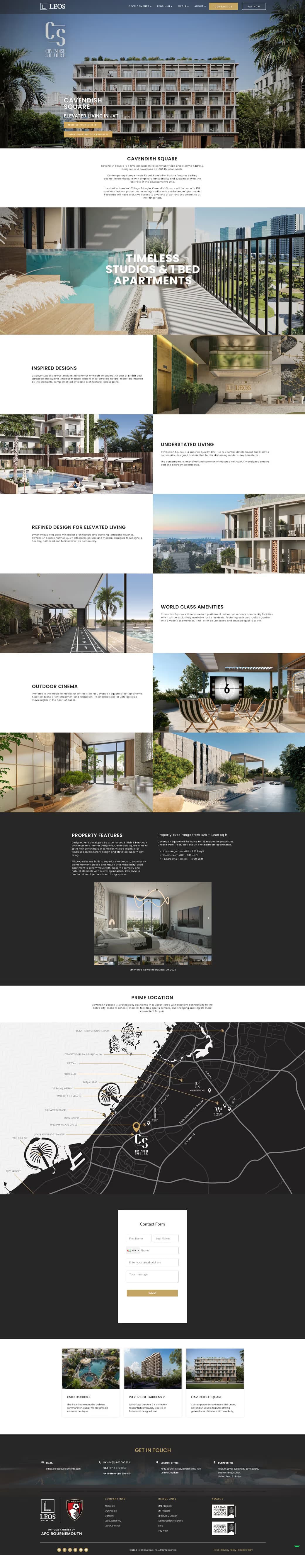 Full-page view of the Cavendish Square desktop landing page, showing the Elevated Living in JVT hero, register-your-interest call to action, amenity sections and the property features breakdown