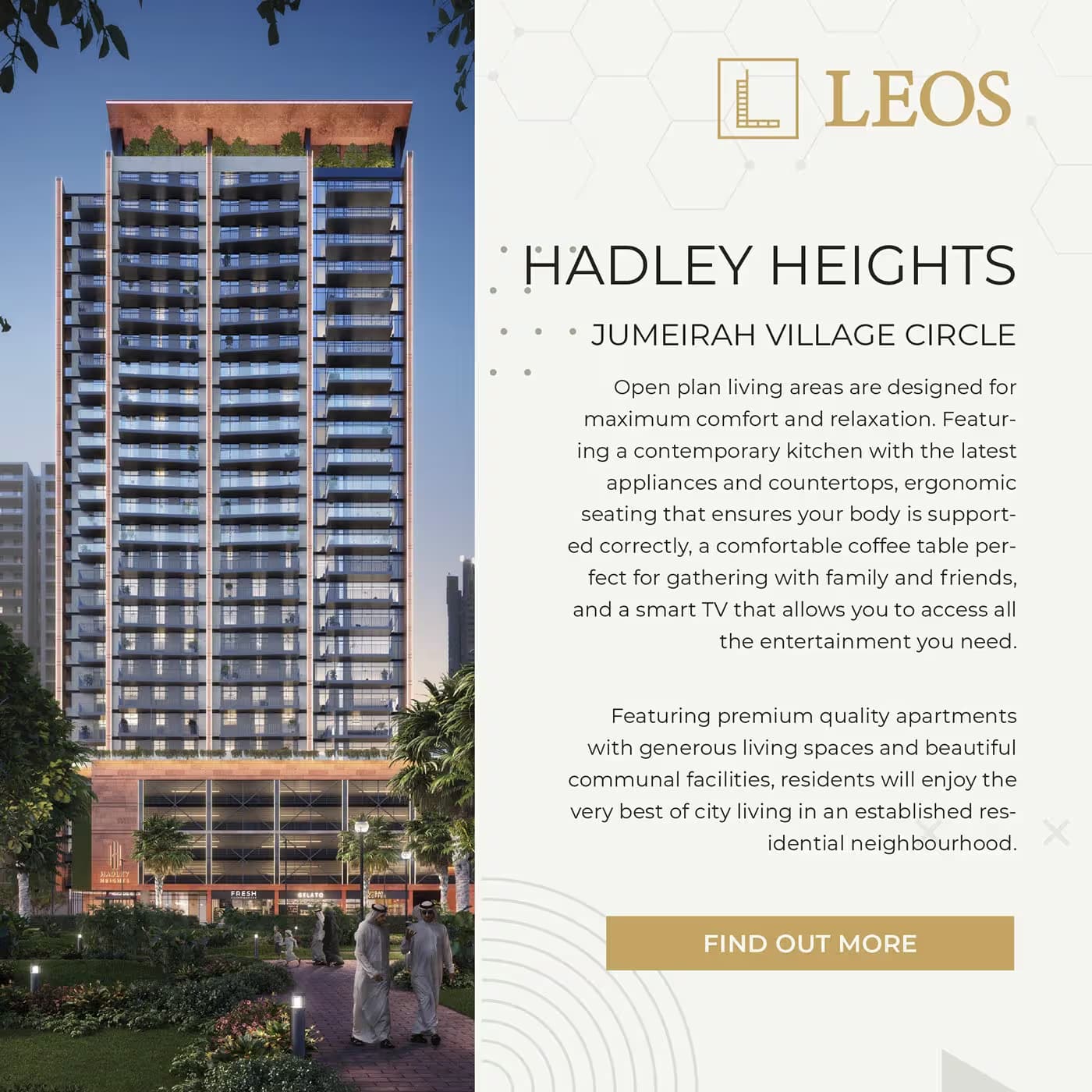 Hadley Heights carousel slide showing the tower exterior CGI alongside copy about open-plan living areas and contemporary kitchens