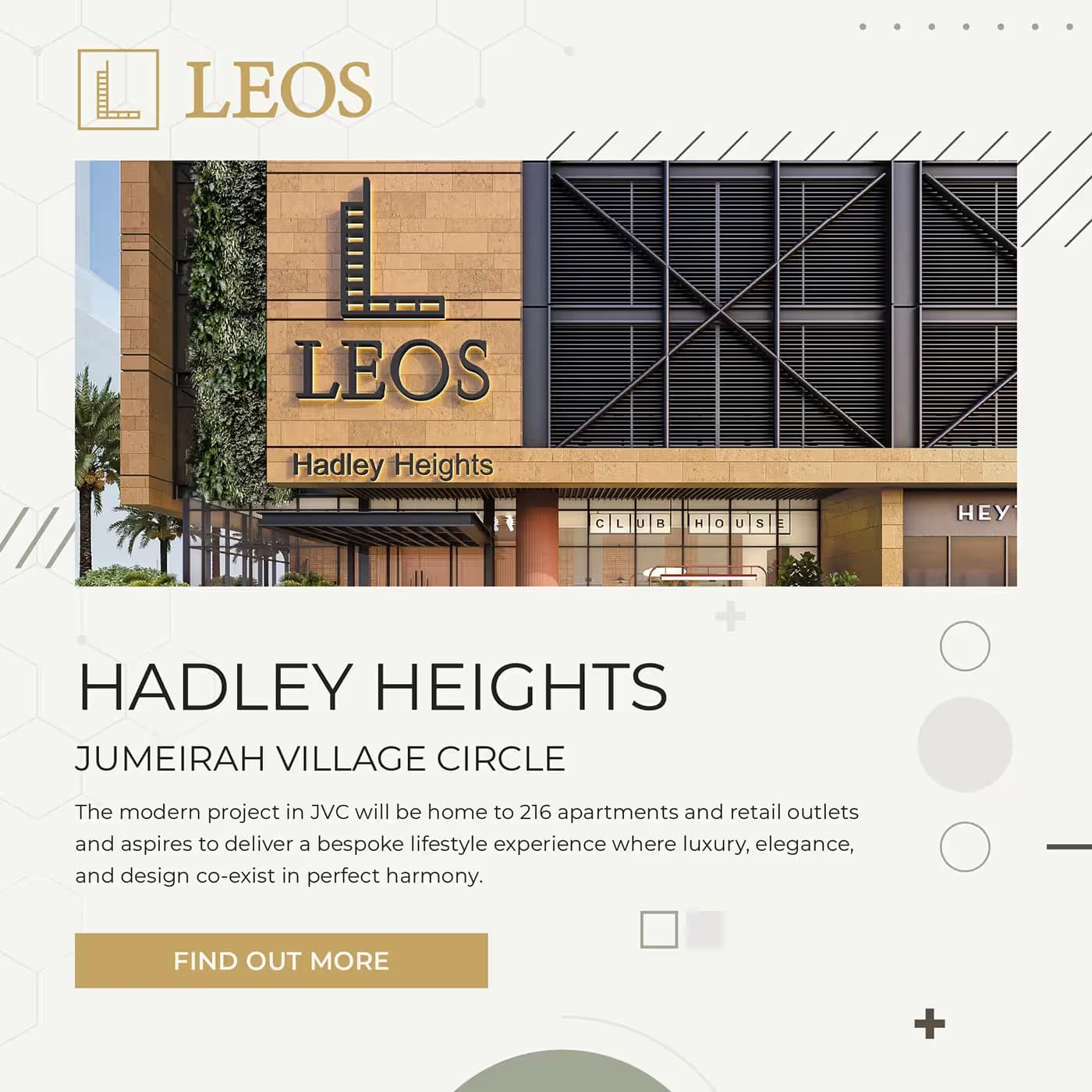 Hadley Heights carousel slide showing the branded building signage and club house entrance, with copy describing 216 apartments and retail outlets in Jumeirah Village Circle