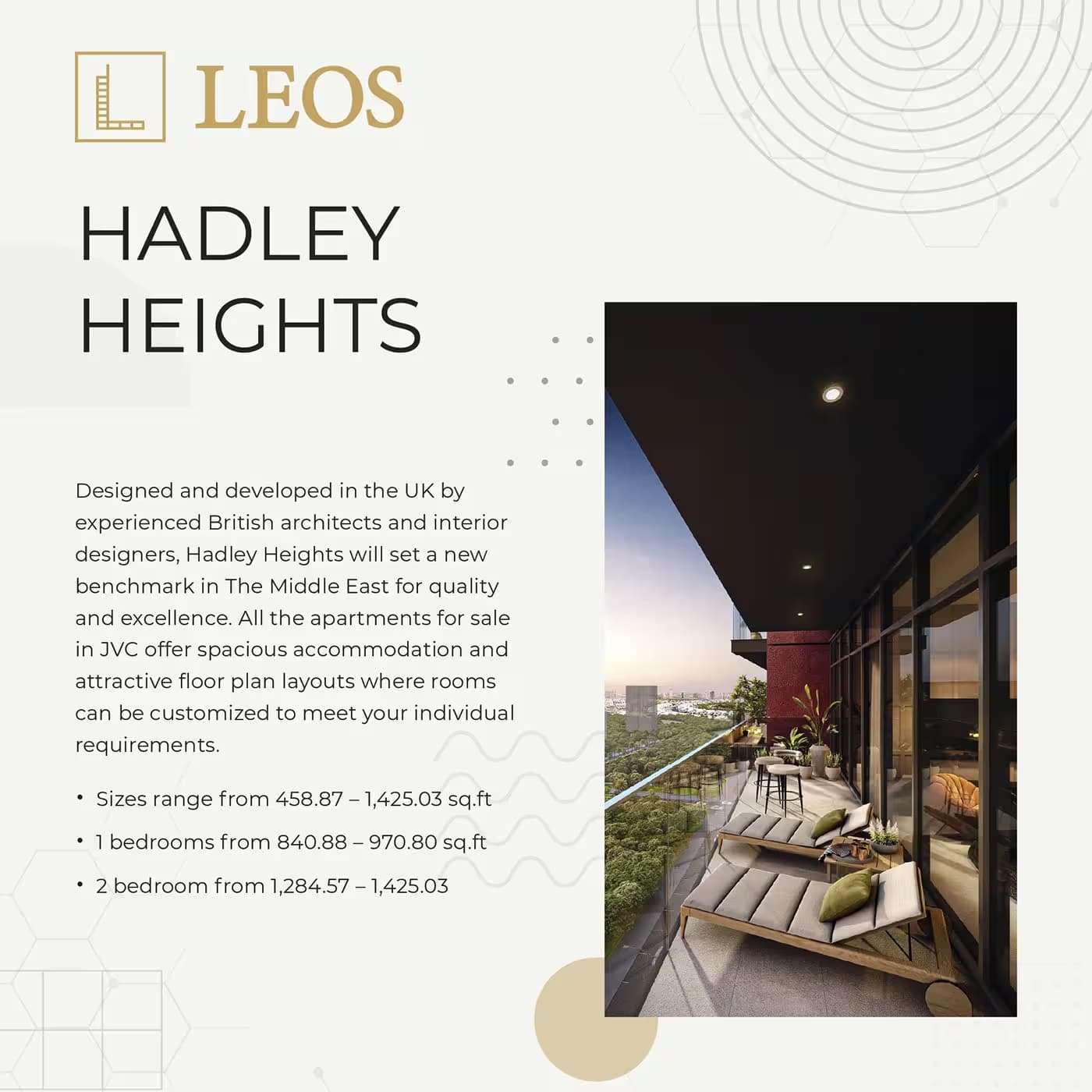 Hadley Heights carousel slide listing apartment sizes, with a balcony CGI at dusk and copy noting the development was designed by British architects and interior designers