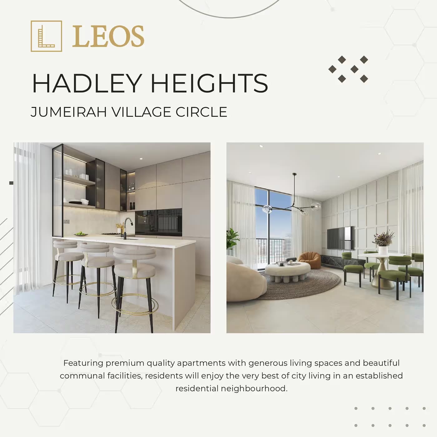 Hadley Heights carousel slide showing interior CGIs of the kitchen and living room