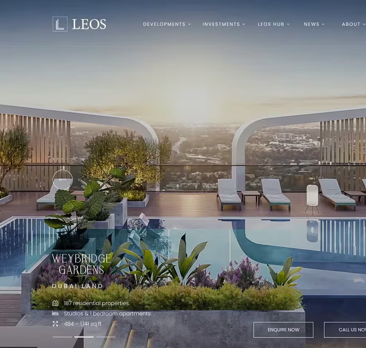LEOS Developments corporate website, showing the developer's project listing interface