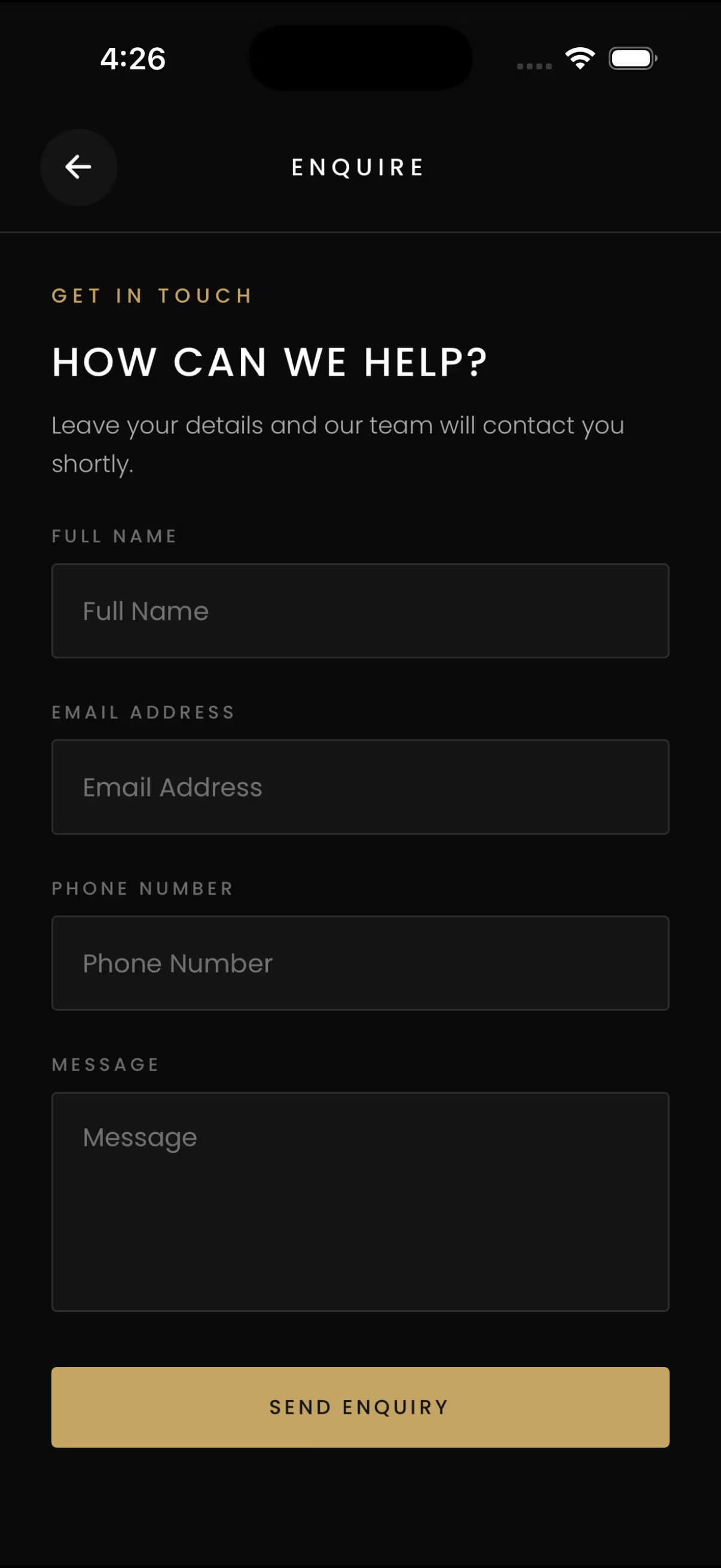 LEOS app enquiry screen headed How can we help, with full name, email, phone and message fields above a send enquiry button