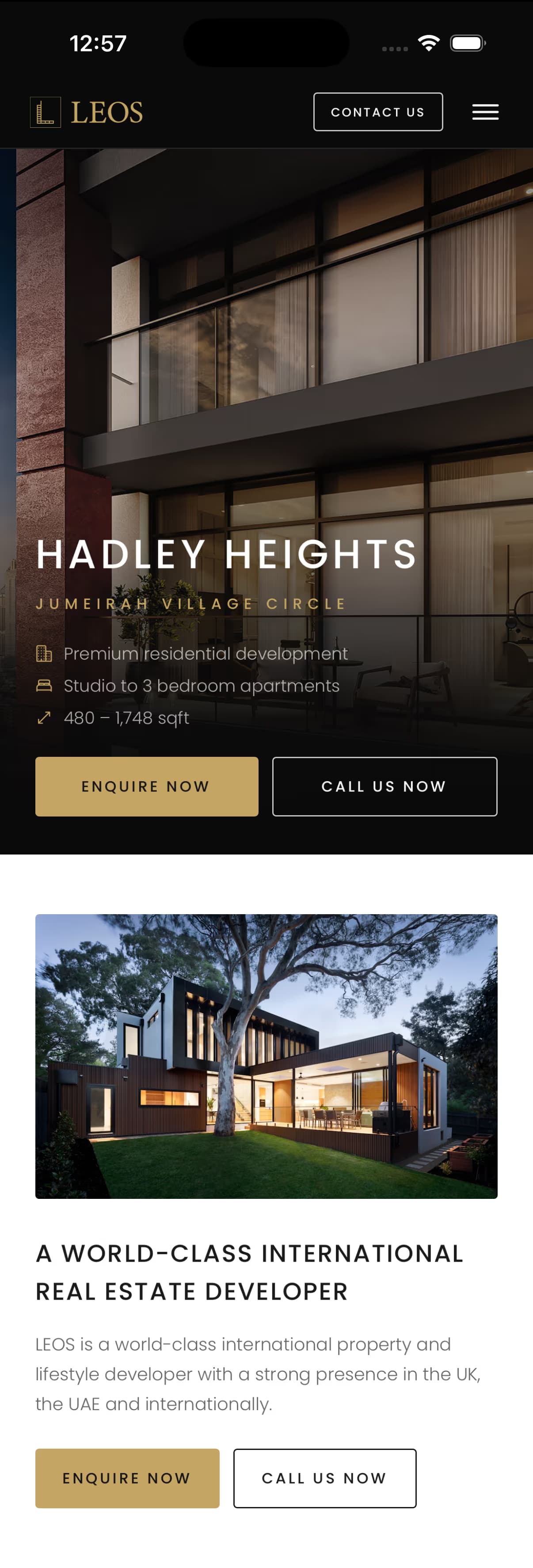 LEOS app home screen featuring Hadley Heights in Jumeirah Village Circle with enquire and call actions