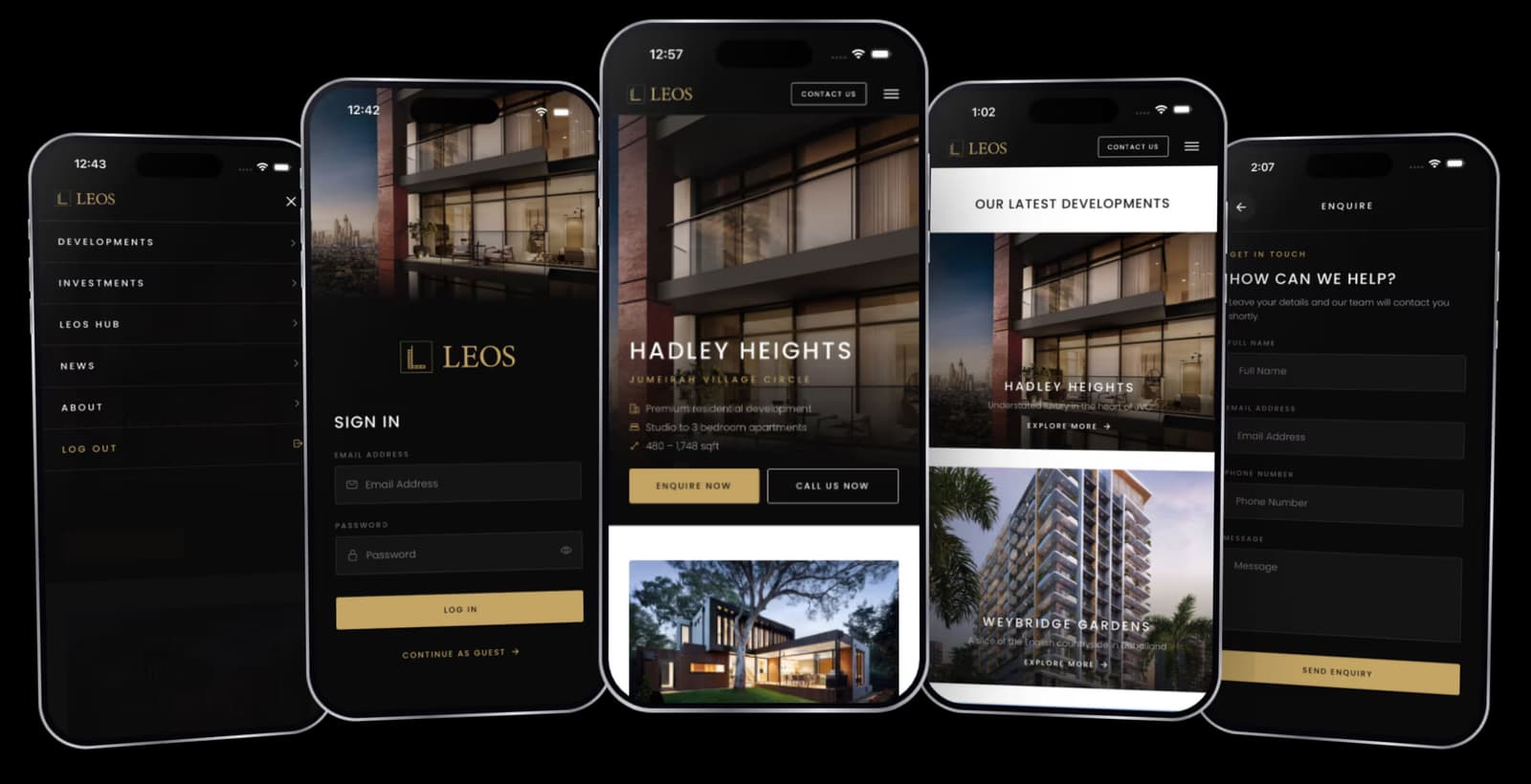 Five screens of the LEOS app shown in iPhone frames: the menu, sign-in, the Hadley Heights home screen, the developments list, and the enquiry form