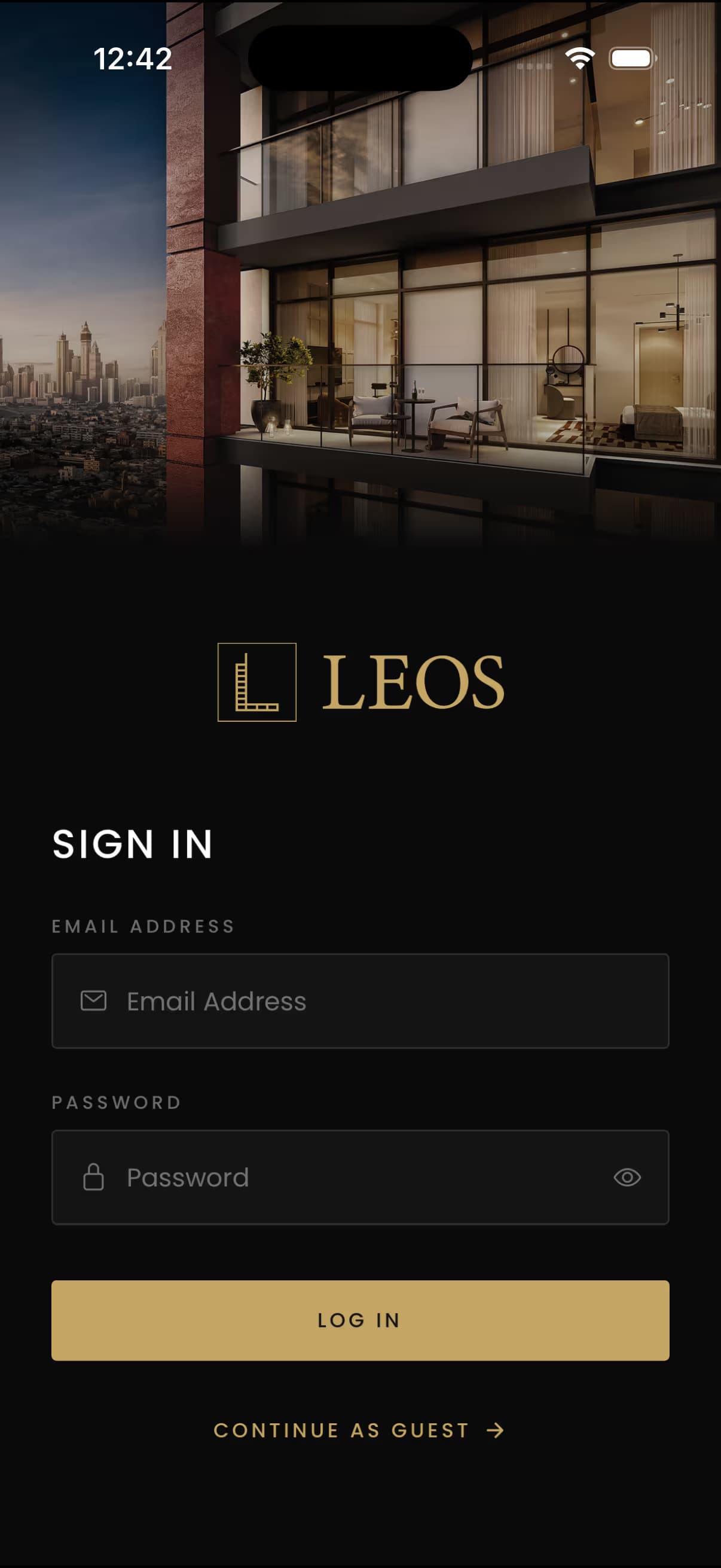 LEOS app sign-in screen with email and password fields and a continue-as-guest option