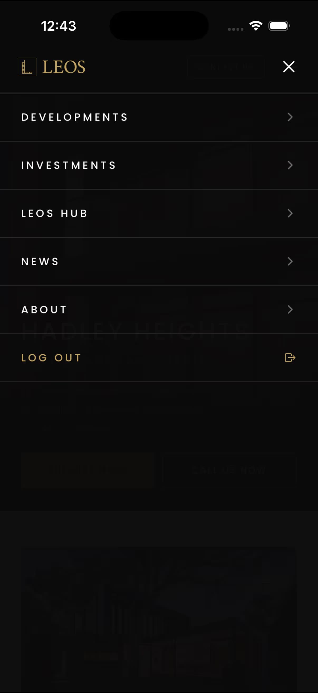 LEOS app slide-over menu with developments, investments, LEOS Hub, news and about