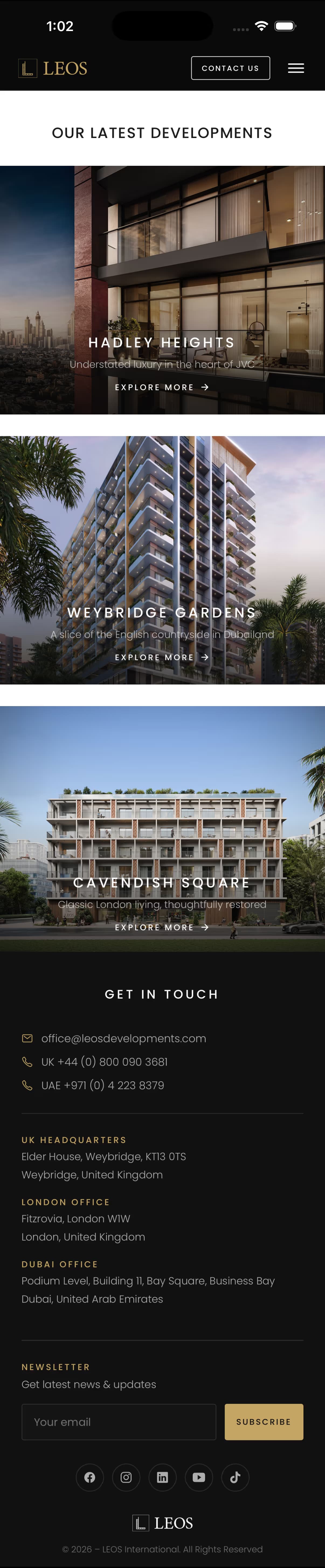 LEOS app developments list showing Hadley Heights, Weybridge Gardens and Cavendish Square