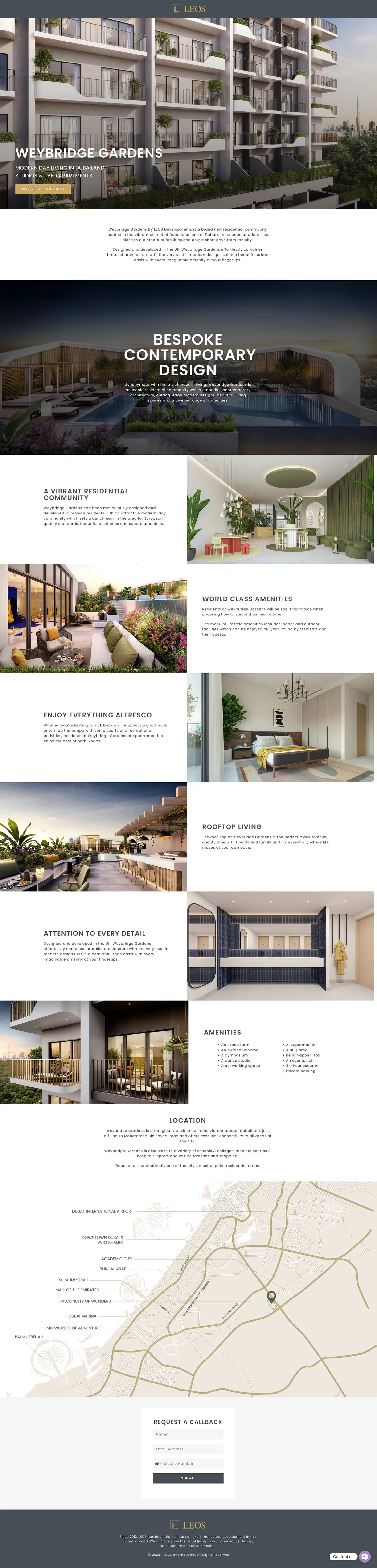 Full-page view of the Weybridge Gardens landing page, showing the balcony hero with the register-your-interest call to action and the bespoke contemporary design section