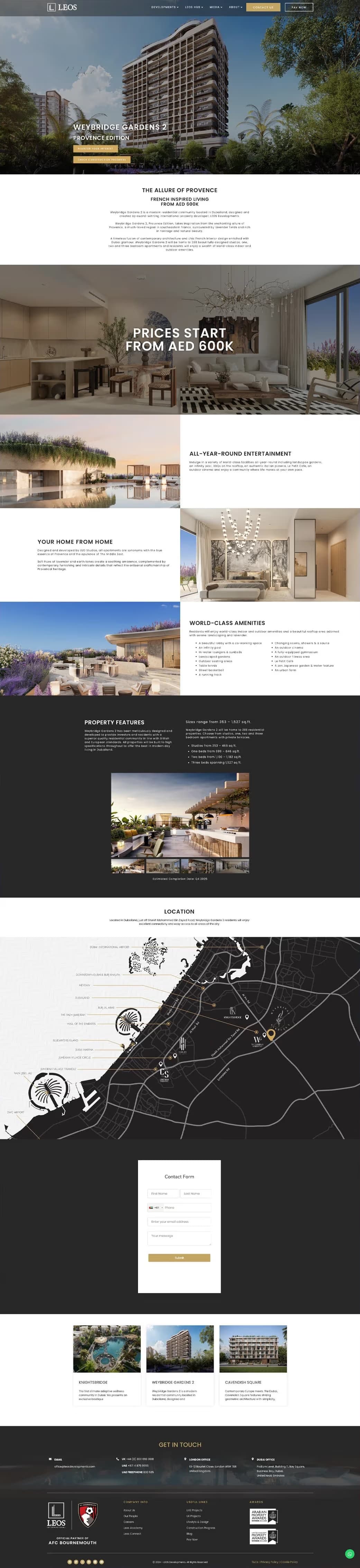 Full-page view of the Weybridge Gardens 2 desktop landing page, showing the Provence Edition hero, the register-your-interest call to action and the pricing section