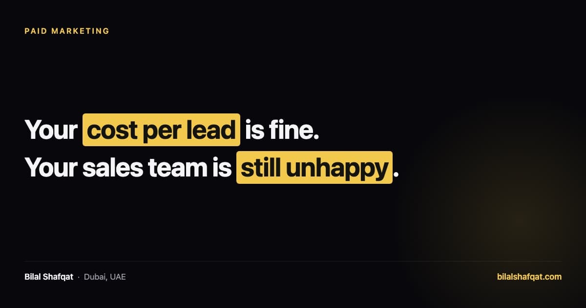 Quote card reading: your cost per lead is fine, your sales team is still unhappy