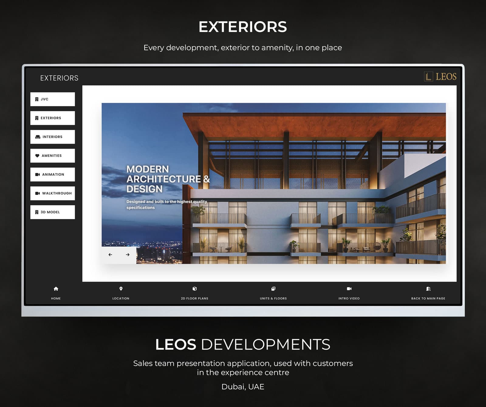 Exteriors screen of the LEOS sales presentation application showing a dusk render of a Jumeirah Village Circle development, with a side rail for interiors, amenities, animation, walkthrough and 3D model