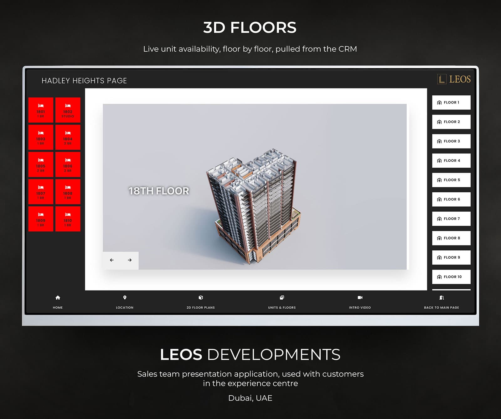 3D floor view in the LEOS sales presentation application showing a rotatable building model with a floor selector and a grid of units on the eighteenth floor