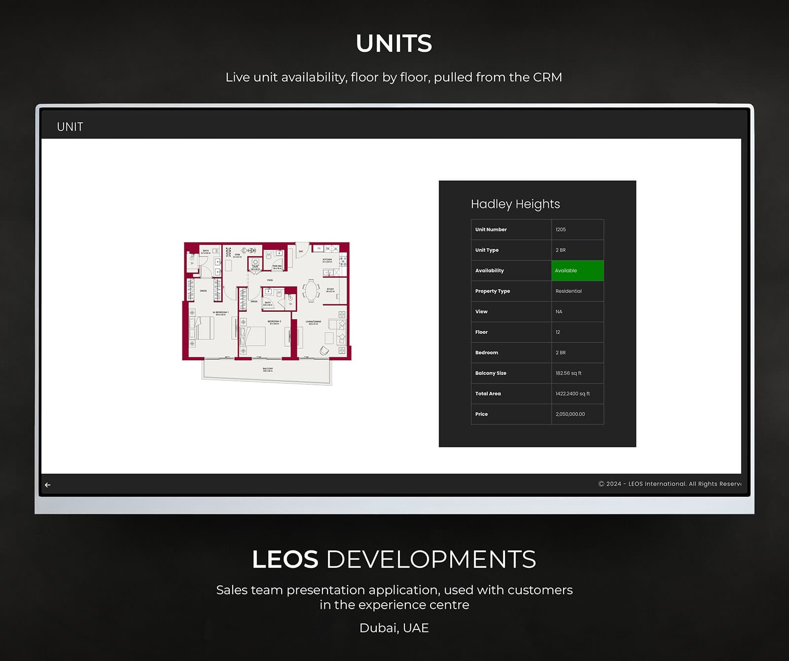 Single unit screen in the LEOS sales presentation application showing a two bedroom floor plan alongside a specification panel with availability, floor, balcony size and total area