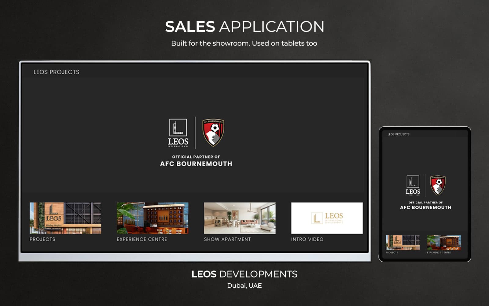 Cover for the LEOS sales presentation application, showing the showroom touch screen and a tablet running the same main menu