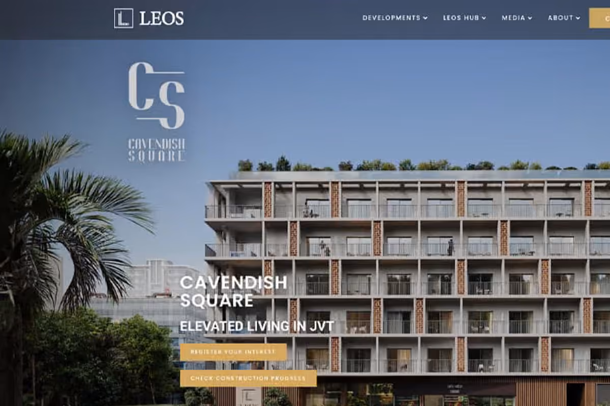 Cavendish Square landing page, showing the hero with register-your-interest and check-construction-progress routes