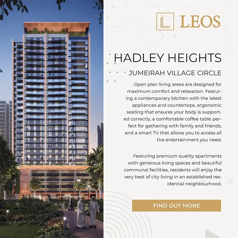 Hadley Heights carousel slide showing the tower exterior CGI alongside copy about open-plan living areas and contemporary kitchens