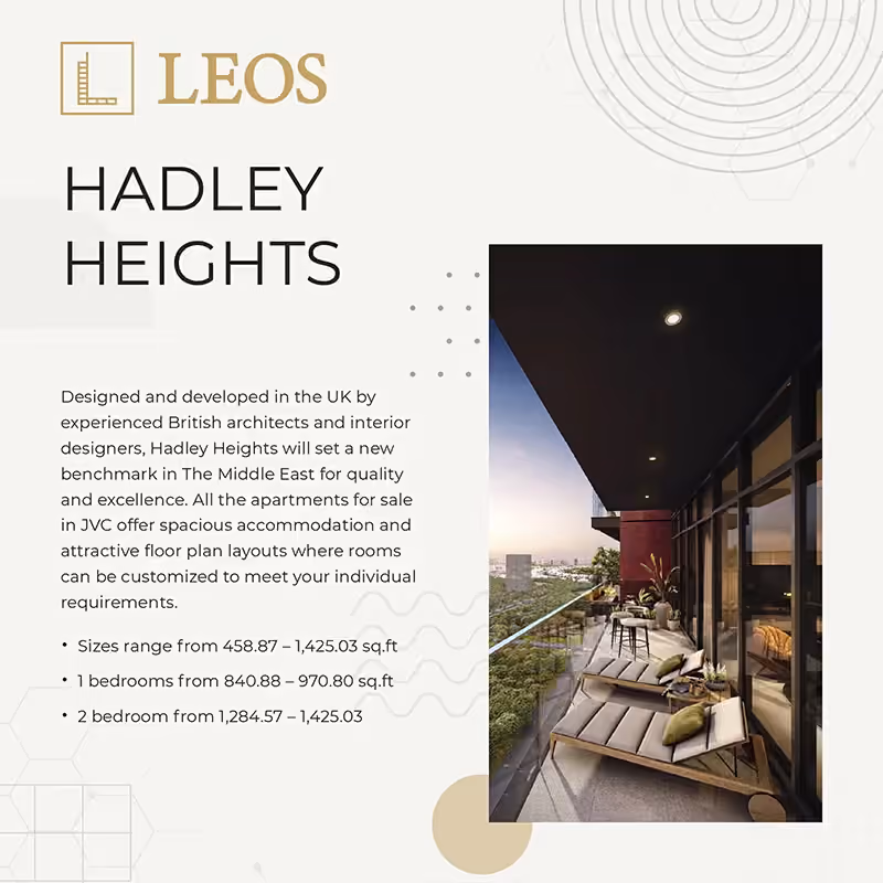 Hadley Heights carousel slide listing apartment sizes, with a balcony CGI at dusk and copy noting the development was designed by British architects and interior designers
