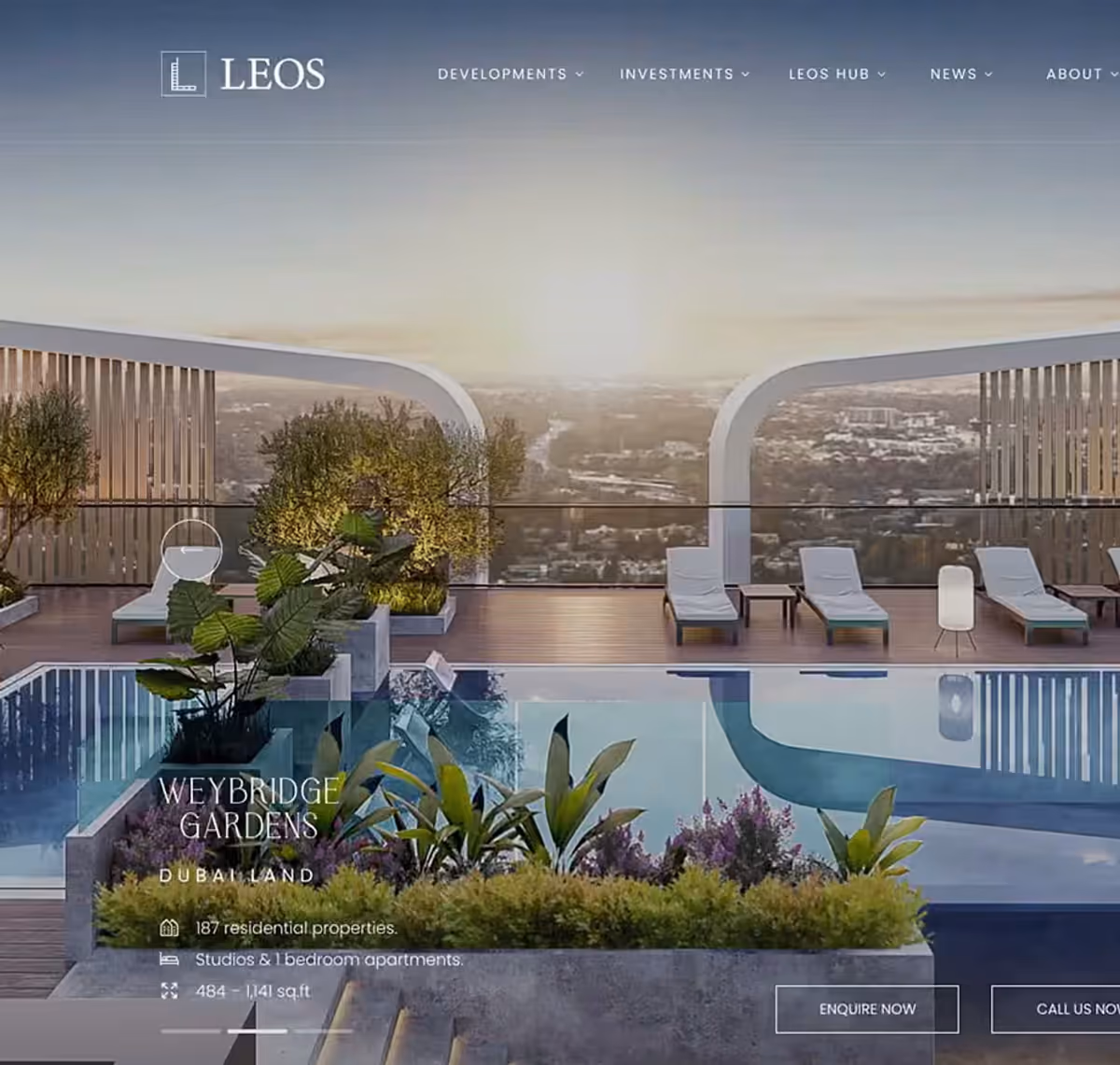 LEOS Developments corporate website, showing the developer's project listing interface