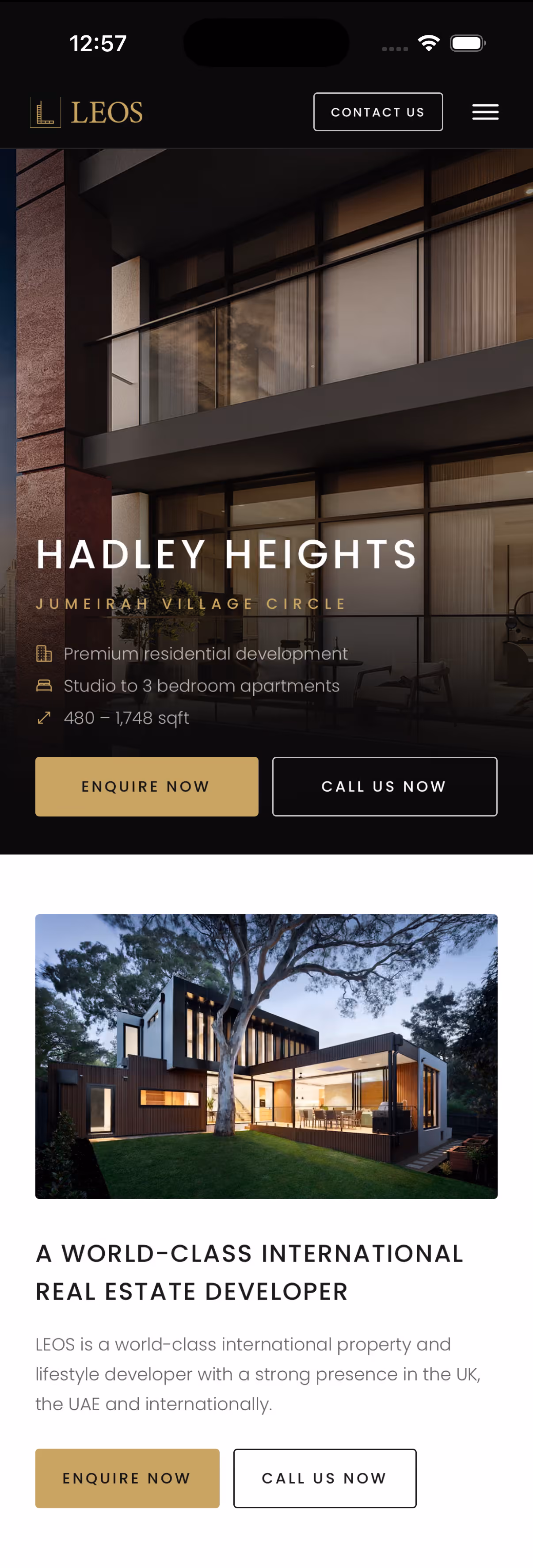 LEOS app home screen featuring Hadley Heights in Jumeirah Village Circle with enquire and call actions