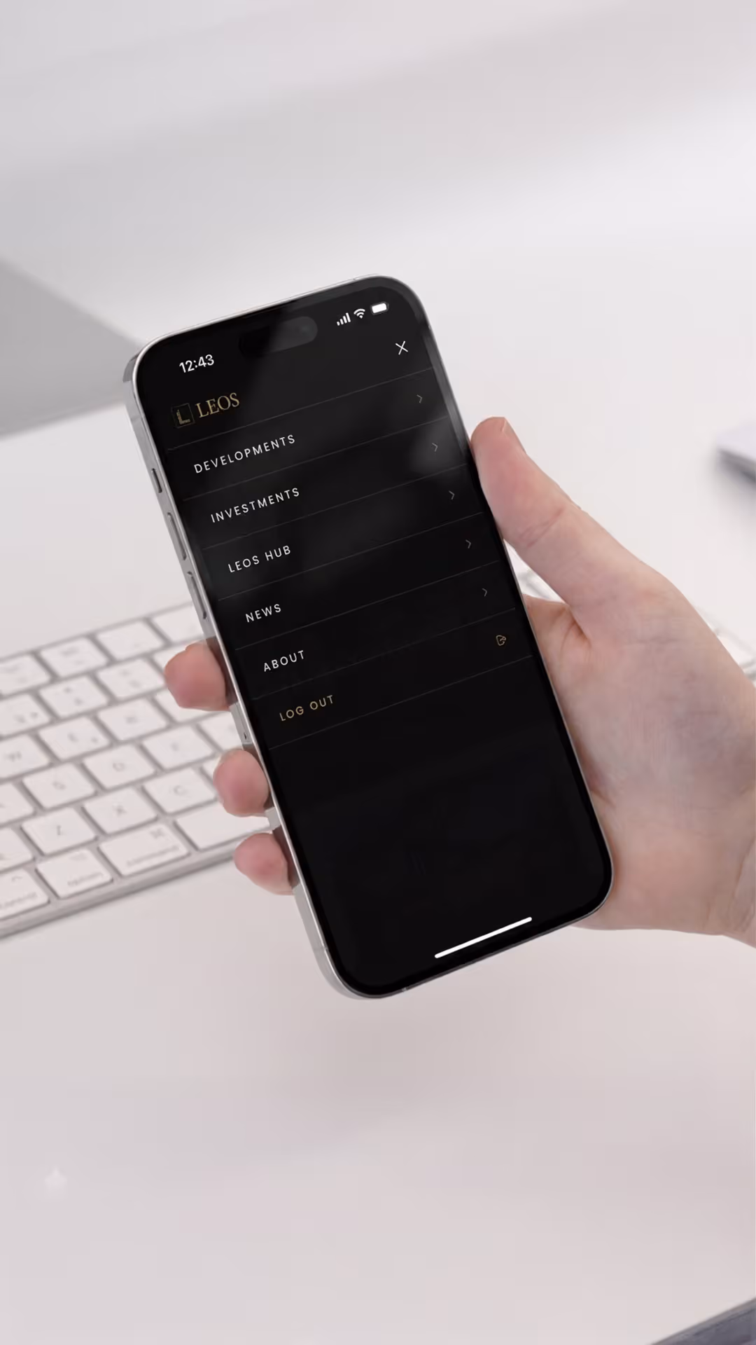LEOS app slide-over menu with developments, investments, LEOS Hub, news and about