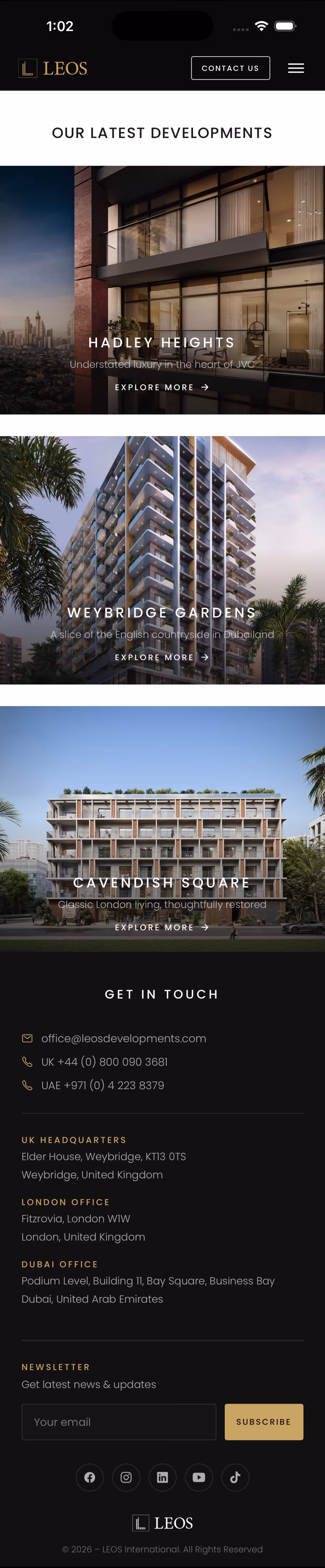 LEOS app developments list showing Hadley Heights, Weybridge Gardens and Cavendish Square