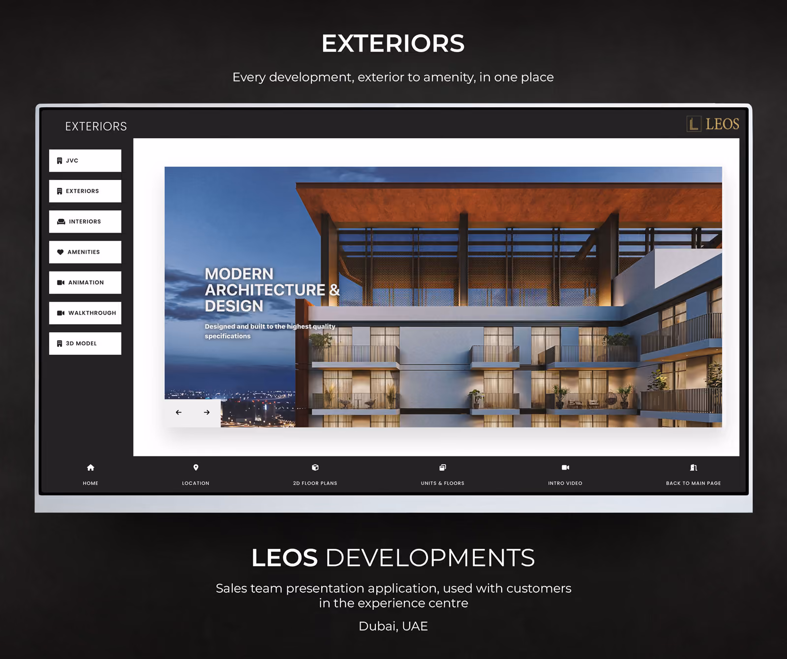 Exteriors screen of the LEOS sales presentation application showing a dusk render of a Jumeirah Village Circle development, with a side rail for interiors, amenities, animation, walkthrough and 3D model