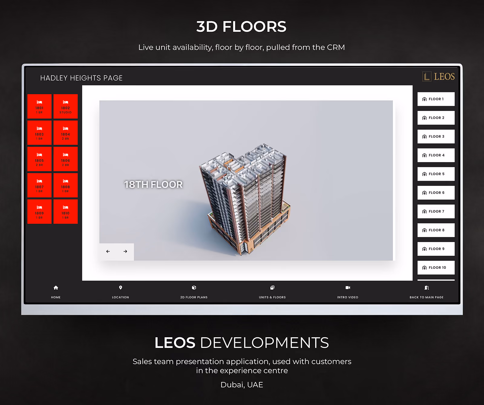 3D floor view in the LEOS sales presentation application showing a rotatable building model with a floor selector and a grid of units on the eighteenth floor