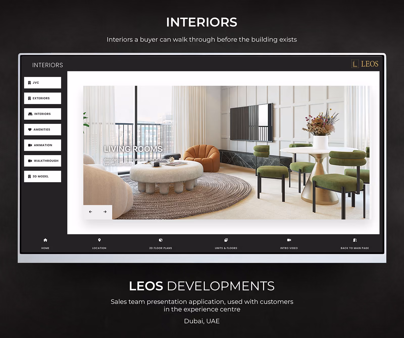 Interiors screen of the LEOS sales presentation application showing a furnished living and dining room render