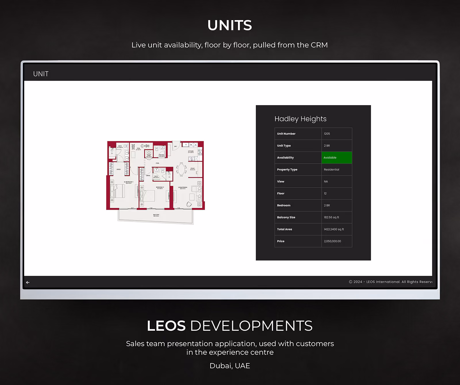 Single unit screen in the LEOS sales presentation application showing a two bedroom floor plan alongside a specification panel with availability, floor, balcony size and total area