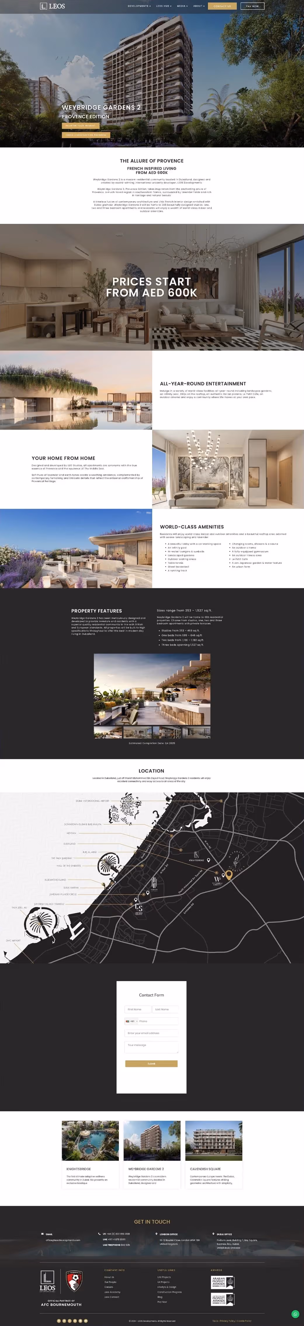 Full-page view of the Weybridge Gardens 2 desktop landing page, showing the Provence Edition hero, the register-your-interest call to action and the pricing section