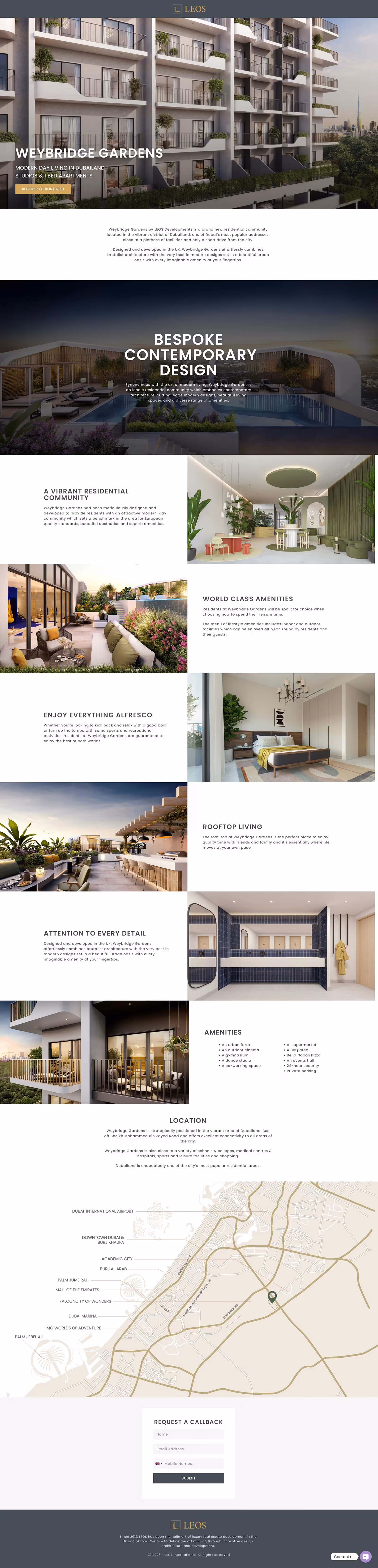 Full-page view of the Weybridge Gardens landing page, showing the balcony hero with the register-your-interest call to action and the bespoke contemporary design section