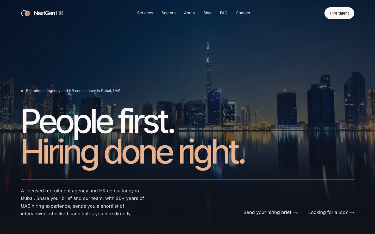 The NextGen HR website hero: People first. Hiring done right, over the Dubai skyline at night